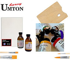 Startsett for oljemaling. Oljemaling, lerret, pensel, terpentin, linolje veske og trepalett.